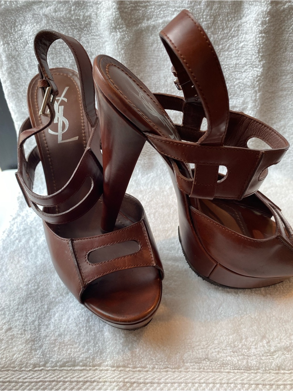 Yves Saint Laurent Brown Leather Platform Slingback Sandals